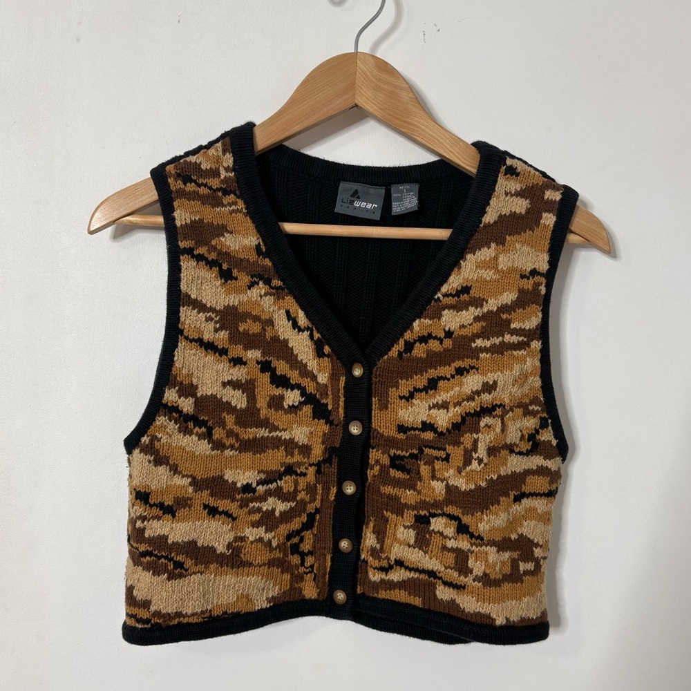 Vintage Liz Wear Camo Knit Sweater Vest Button Front 100% Cotton